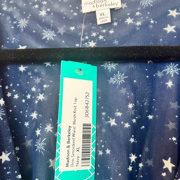 Madison & Berkeley Navy Star Mesh Top XL Long Sleeve Smocked Waist NWT - Picture 7 of 10